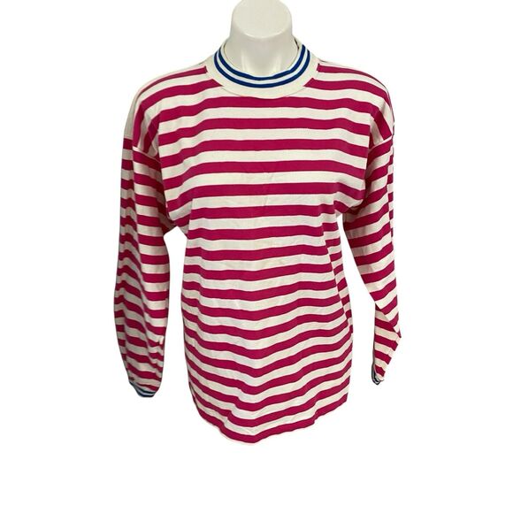 SK Sport Sweatshirt Womens Medium Vintage 1980s Pink Stripe Classic Hipster - Picture 9 of 16